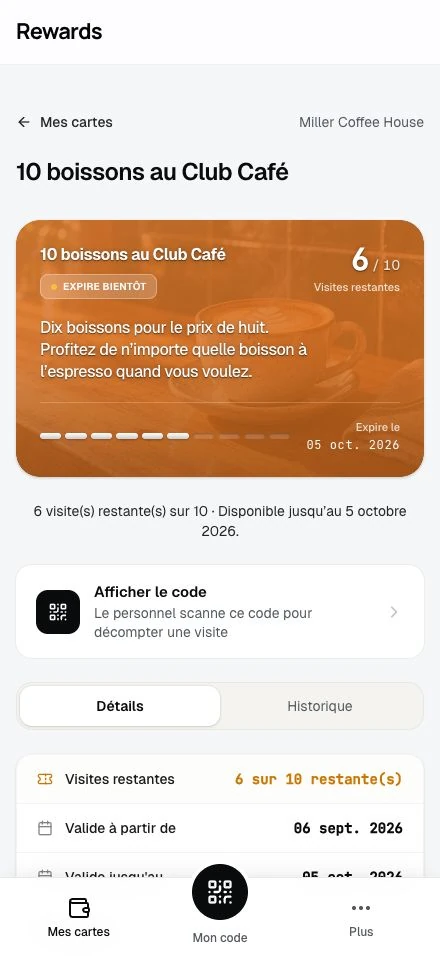 Cartes multi-visites : les clients voient combien de visites il leur reste.