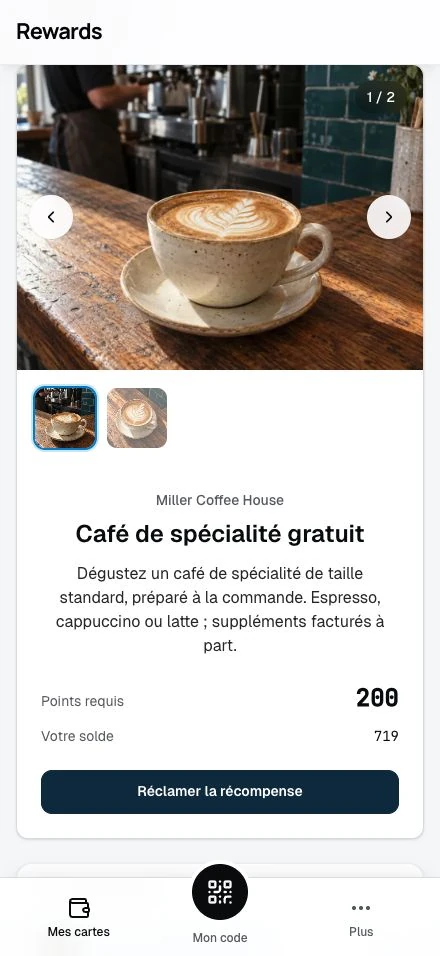 Le solde de points d'un client et la récompense qu'il peut réclamer.