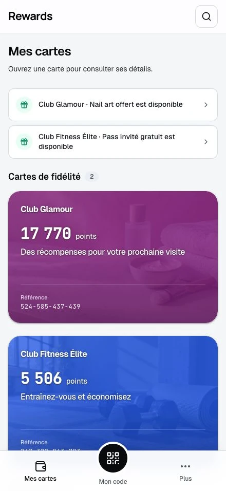 Portefeuille membre de démonstration. Un compte réunit les cartes de plusieurs entreprises, chacune avec son solde et sa marque.