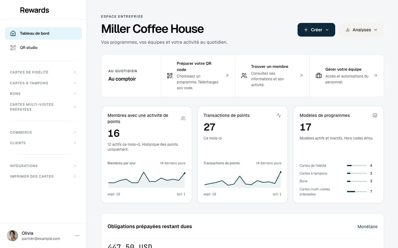 Le tableau de bord, les programmes et l'activité récente d'une entreprise de démonstration.