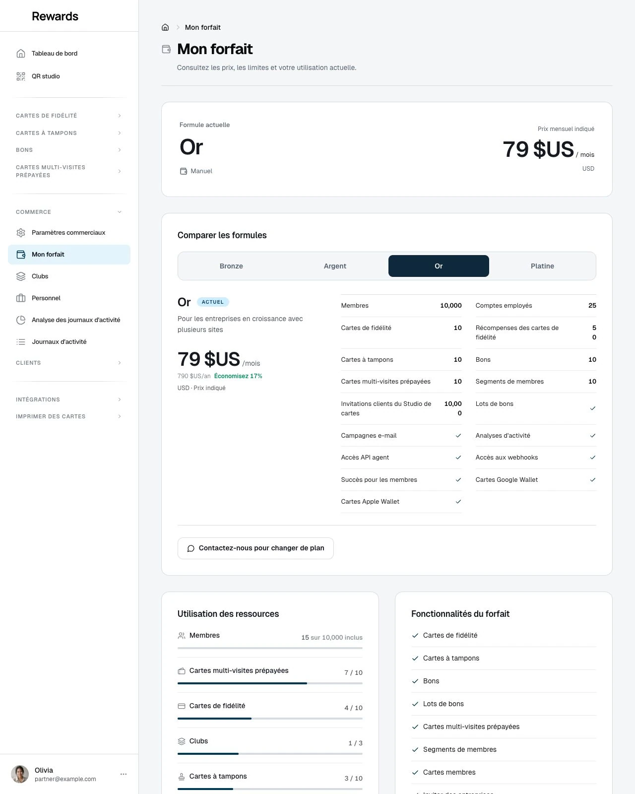 La formule, le prix affiché et l'utilisation des ressources d'un client de démonstration.