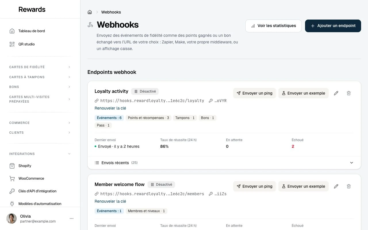 L'écran Webhooks du tableau de bord entreprise, avec des points de terminaison d'exemple en pause et les événements auxquels ils sont abonnés.