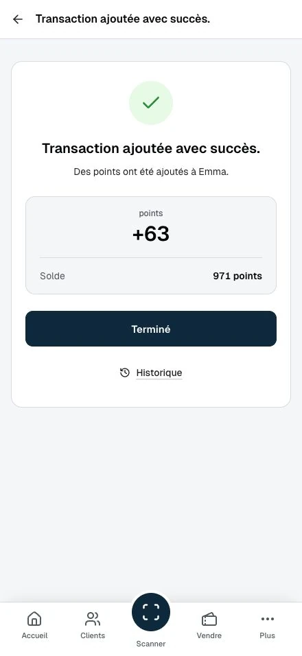 Après l'ajout de points, le personnel voit le résultat et peut ouvrir l'historique.