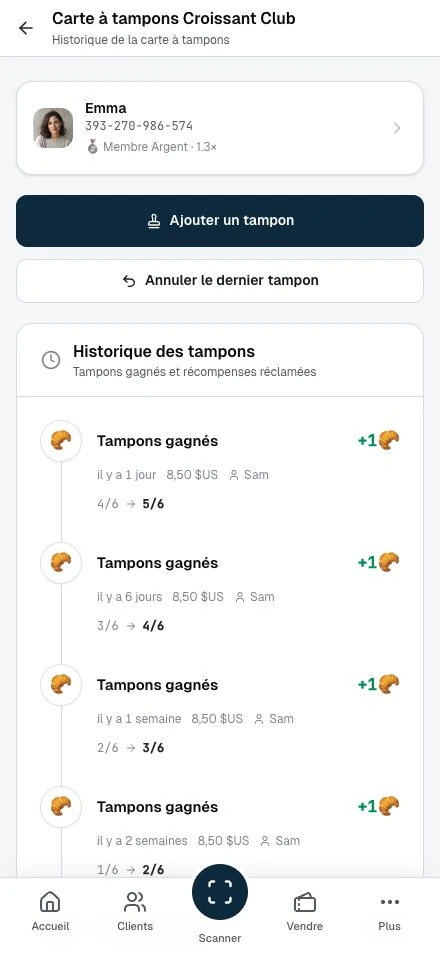La progression sur la carte du membre et son historique de transactions.