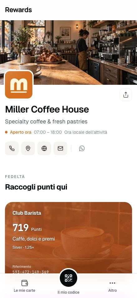 Il portafoglio del cliente su un telefono, con la pagina di un'attività aperta