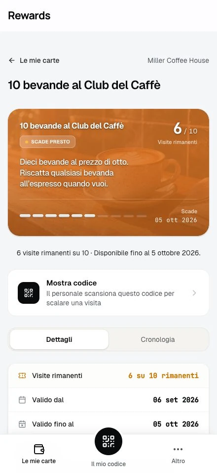 Carnet di ingressi: i clienti vedono quante visite restano.