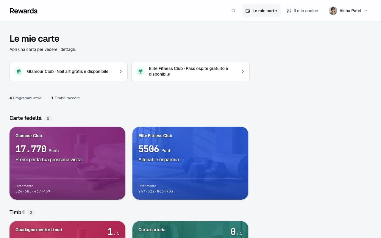 Anteprima desktop del portafoglio del cliente, con carte fedeltà e carte timbri colorate
