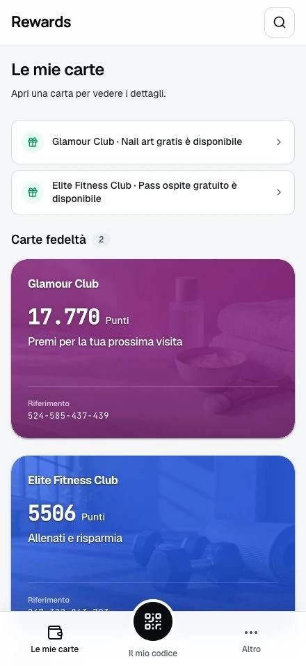 Portafoglio membro dimostrativo. Un account contiene carte di più attività, ciascuna con saldo e marchio propri.
