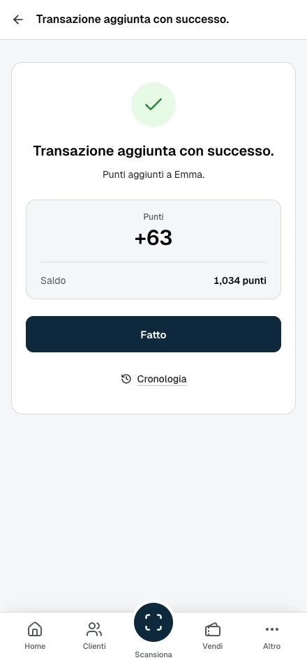 Dopo aver aggiunto punti, il personale vede il risultato e può aprire lo storico.