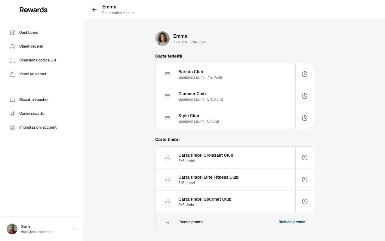 Anteprima desktop dell'interfaccia dello staff: le carte e i timbri di un cliente e un premio pronto da ritirare