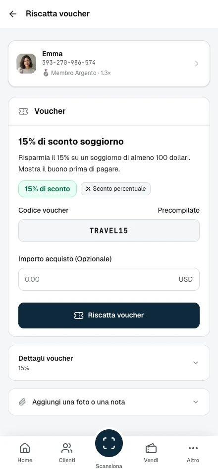 Il voucher del cliente e la schermata di riscatto del personale.