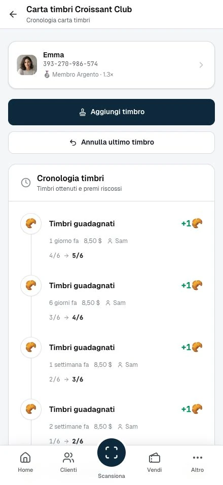 I progressi sulla carta del membro e lo storico delle transazioni.