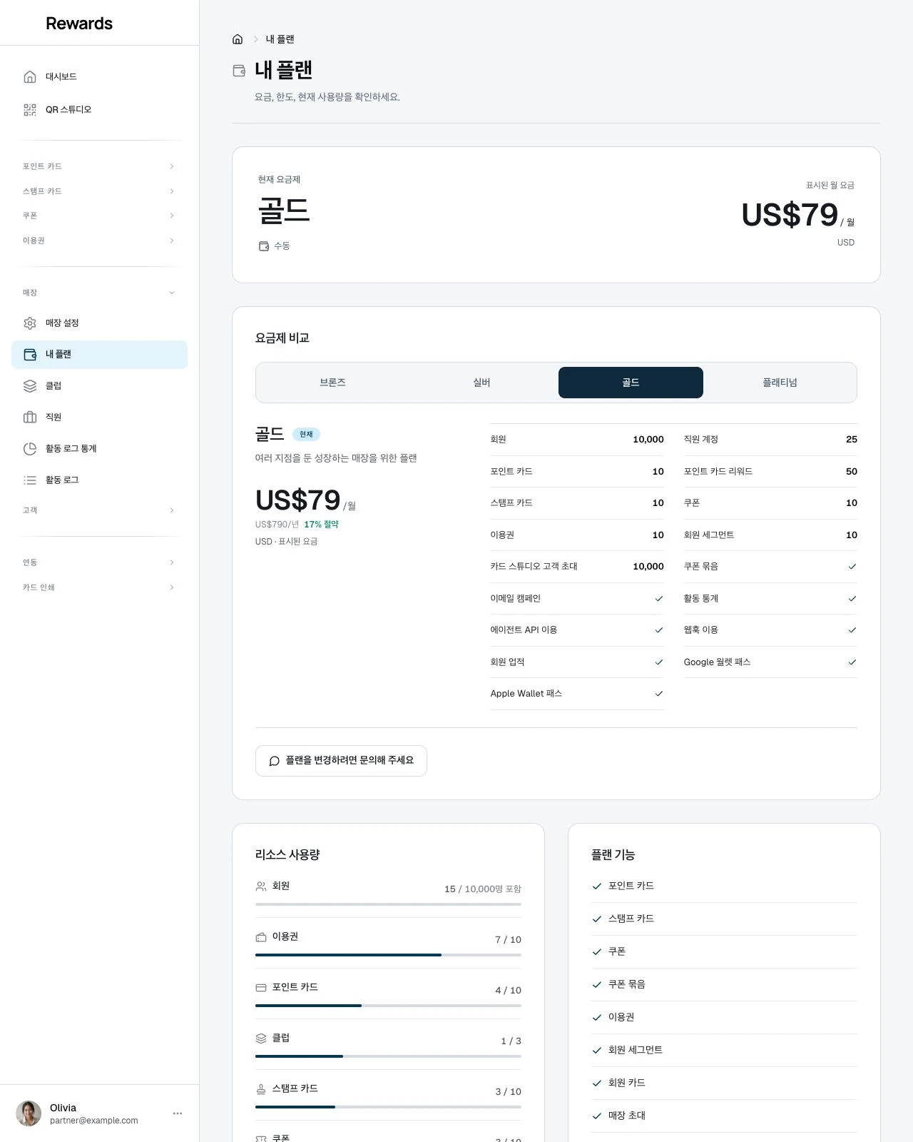 데모 고객 매장의 요금제, 표시 가격, 리소스 사용량입니다.