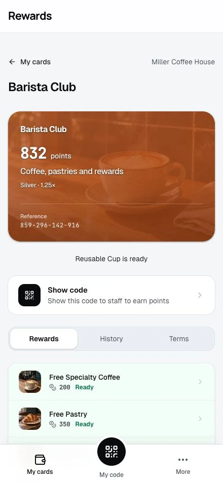 The same customer's wallet after staff confirm the points.