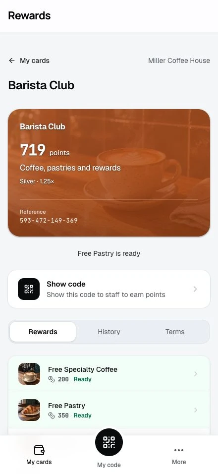 A customer's points balance and the reward they can claim.