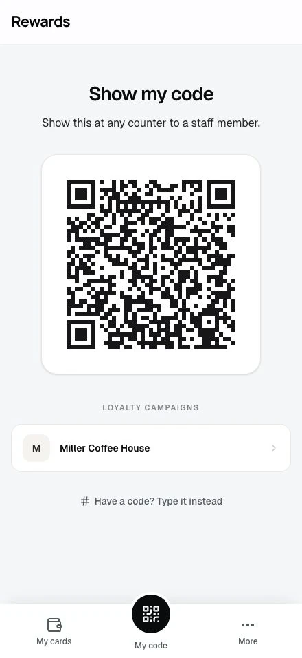 Customers show this code; staff see the programs they can access.