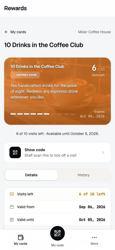 Visit packs: Customers see how many visits remain.