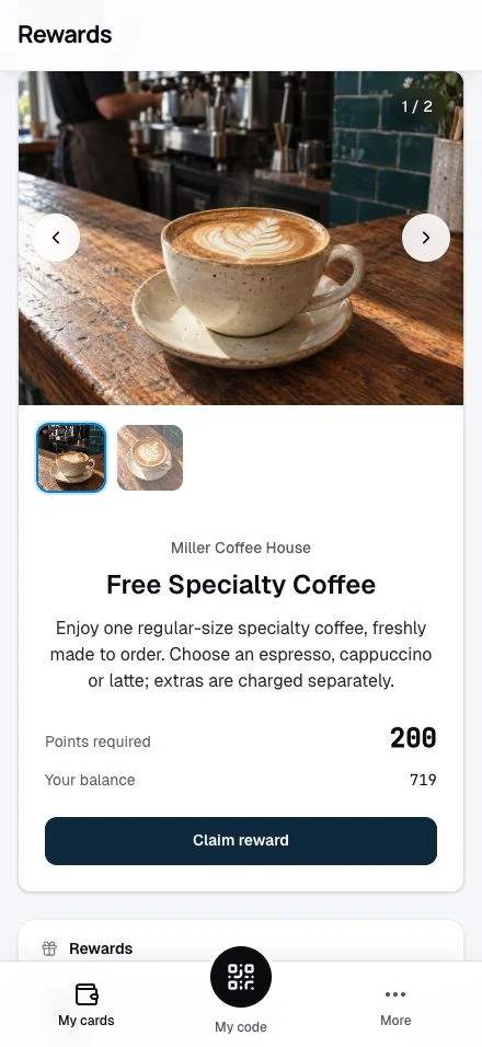 A customer's points balance and the reward they can claim.