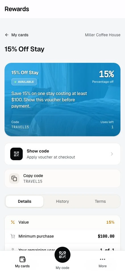 The customer's voucher and the staff redemption screen.