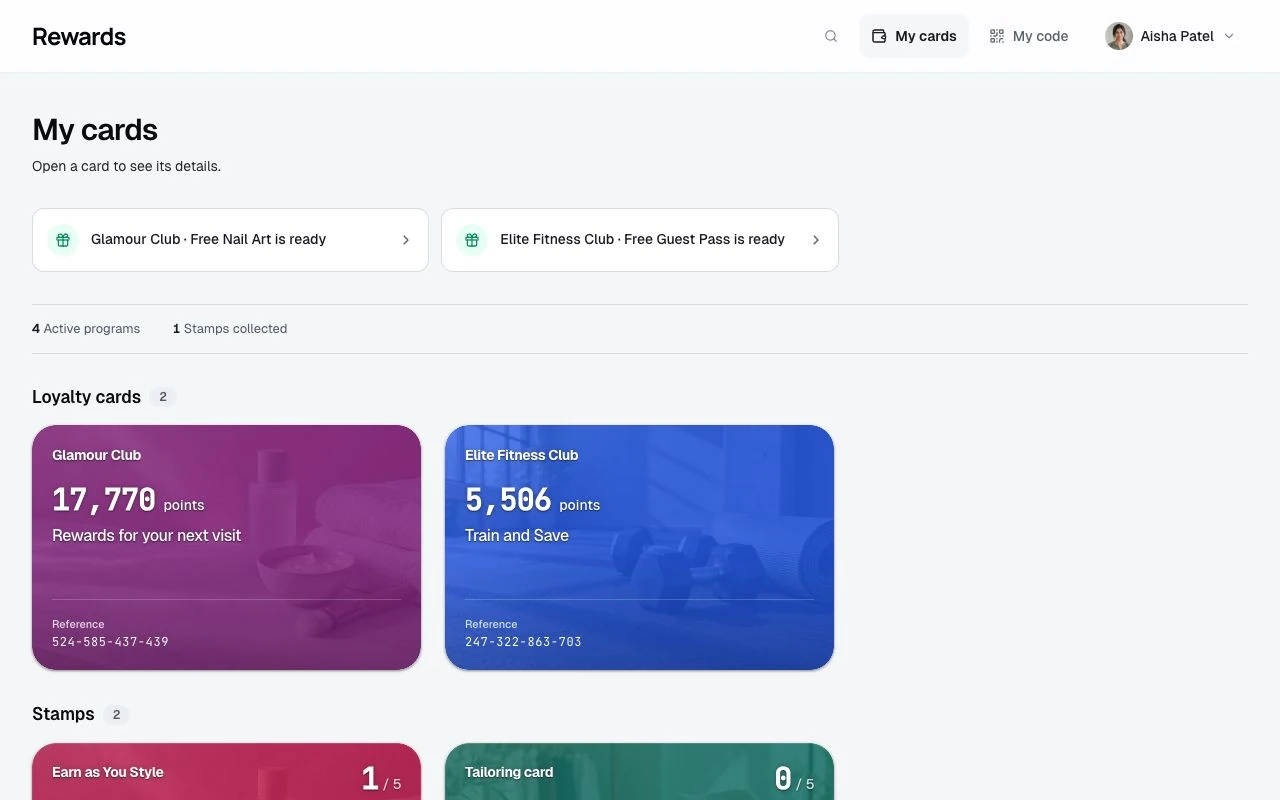 Customer wallet desktop preview with colorful loyalty and stamp cards