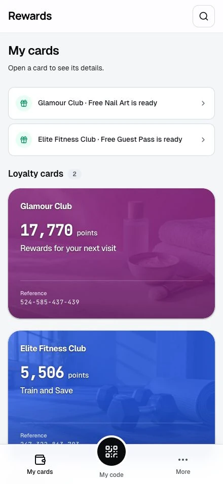 Demo member wallet. One account holds cards from several businesses, each with its own balance and brand.
