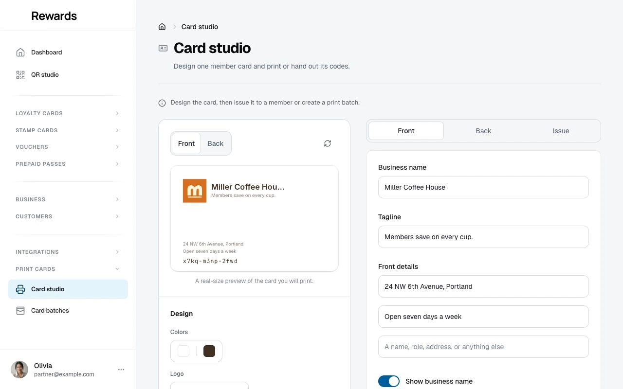 Designing a member card in the card studio.