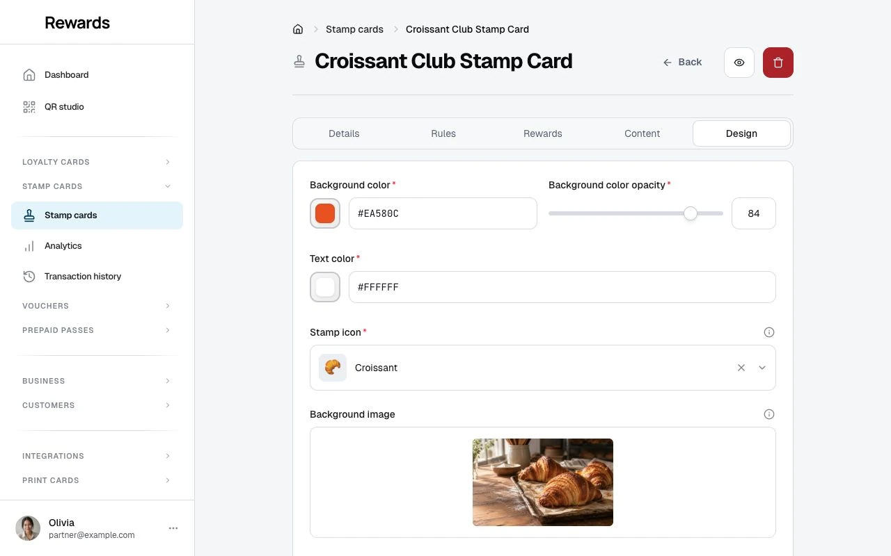 Changing a demo stamp card's colors and icon.