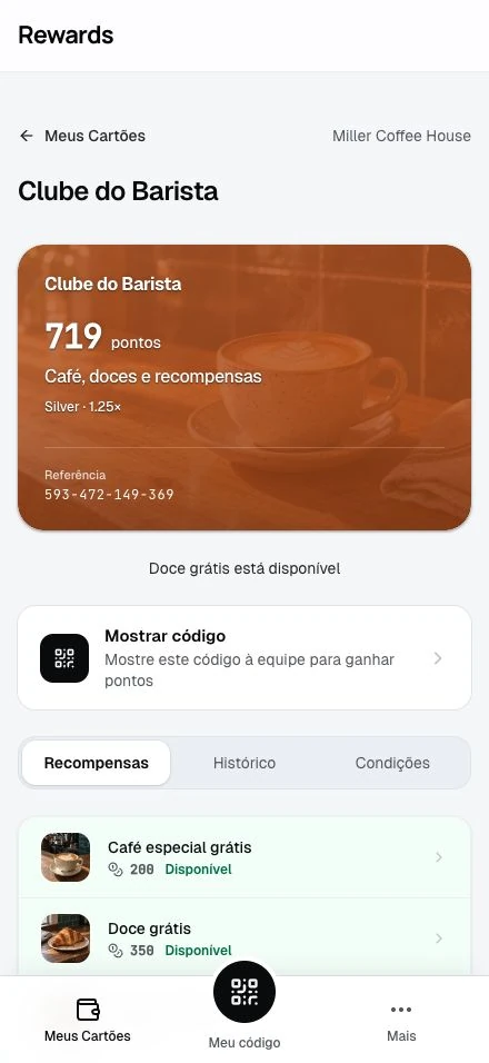 O saldo de pontos de um cliente e a recompensa que ele pode resgatar.