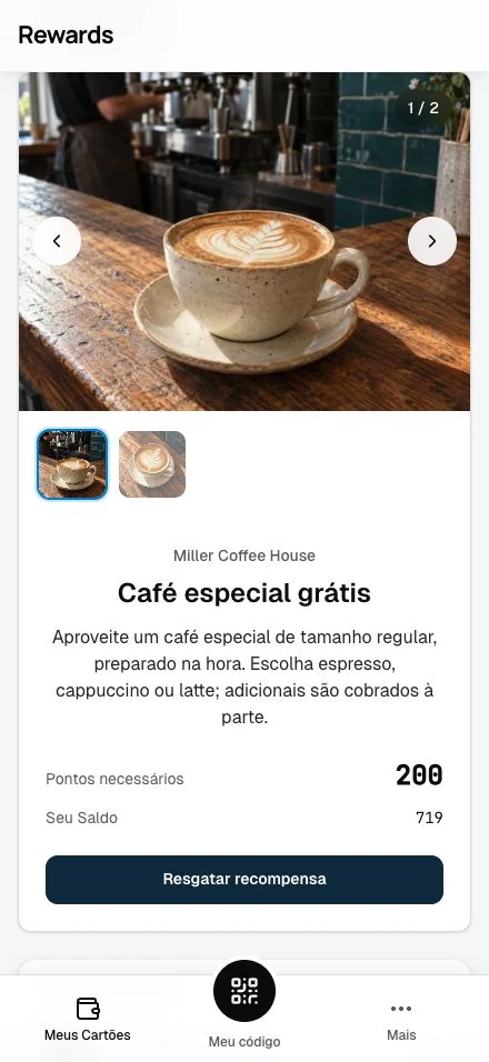 O saldo de pontos de um cliente e a recompensa que ele pode resgatar.