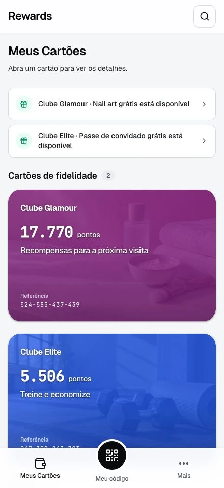 Carteira de membro de demonstração. Uma conta reúne cartões de vários negócios, cada um com seu saldo e sua marca.