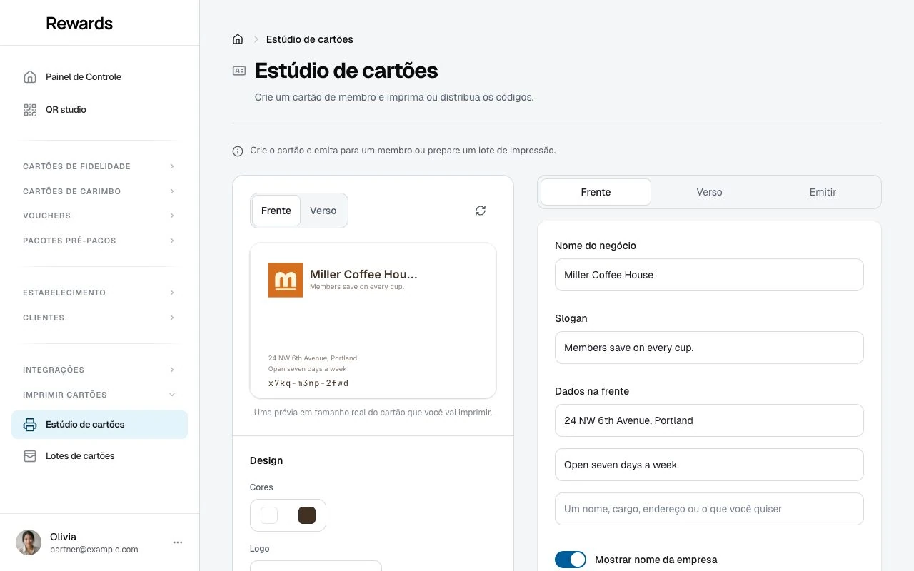 Criação de um cartão de membro no estúdio de cartões.