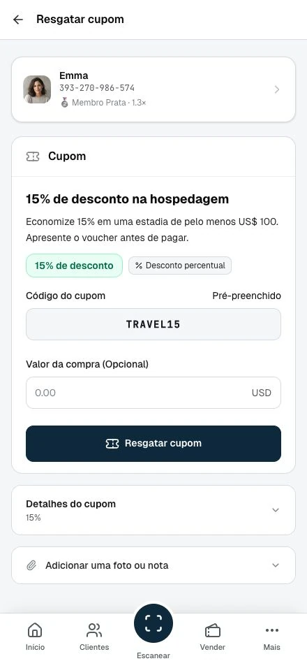 O cupom do cliente e a tela de resgate da equipe.