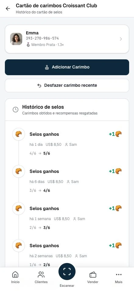 O progresso no cartão do membro e seu histórico de transações.
