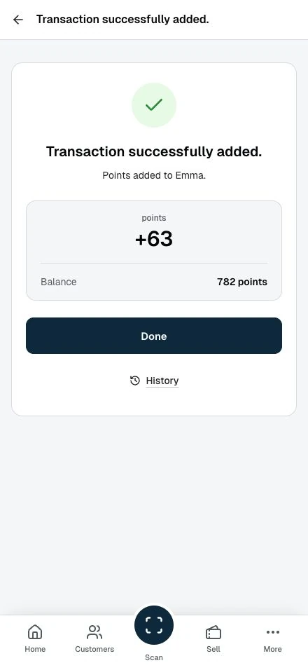 After adding points, staff see the result and can open the history.