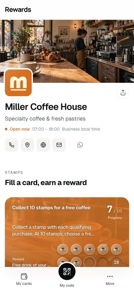 A café client's branded loyalty page with its own name and colors.