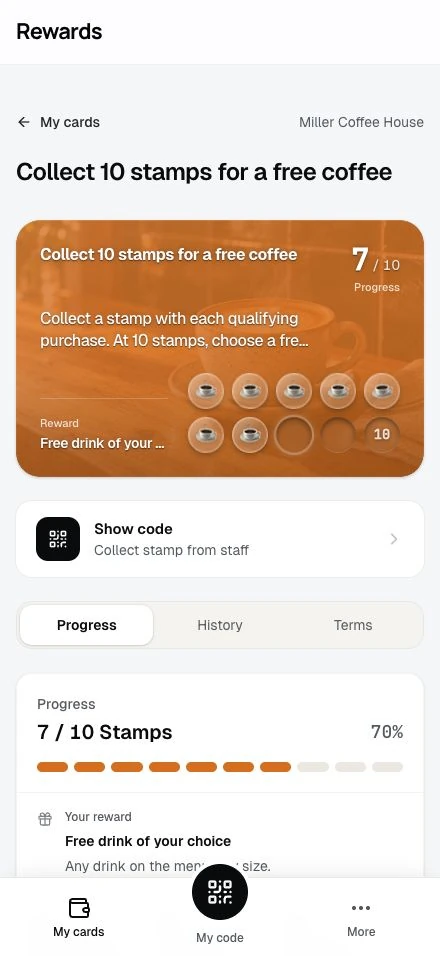 The stamp card a café customer shows at the counter, part way to the reward