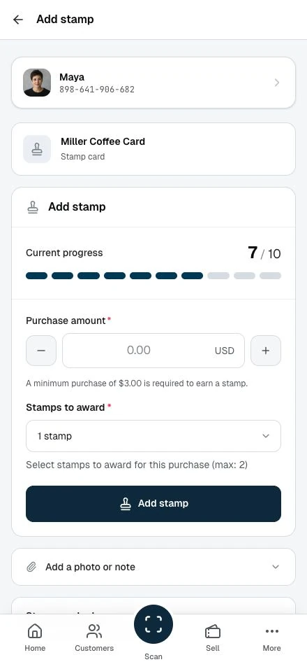 The Add stamp screen a barista sees, with progress and the purchase amount