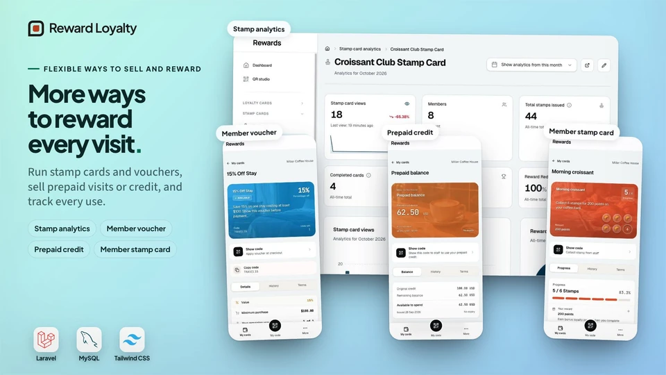 Reward Loyalty product visual: Stamps, vouchers, and passes