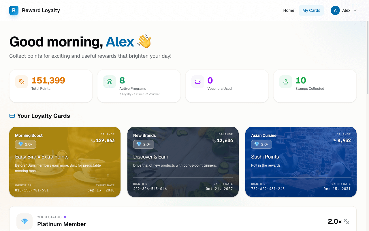 Digital wallet interface showing a customer's collected loyalty cards from multiple businesses