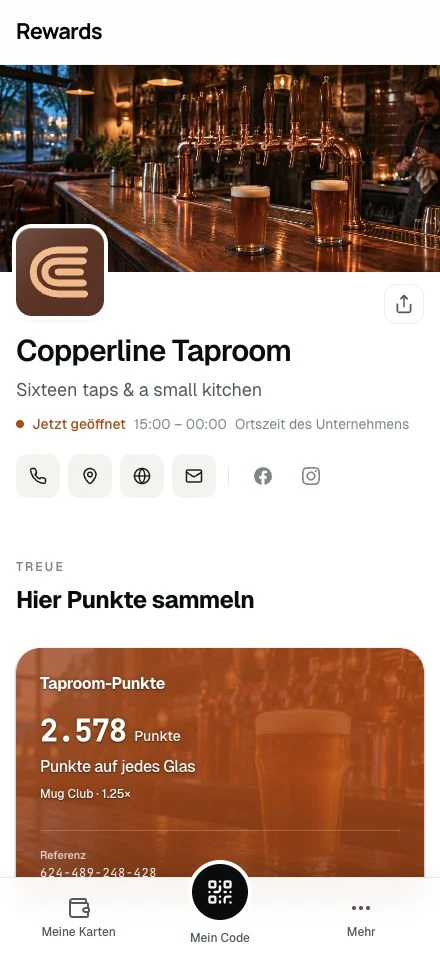 Copperline Taproom · Die Seite eines Demo-Unternehmens auf einem Smartphone.