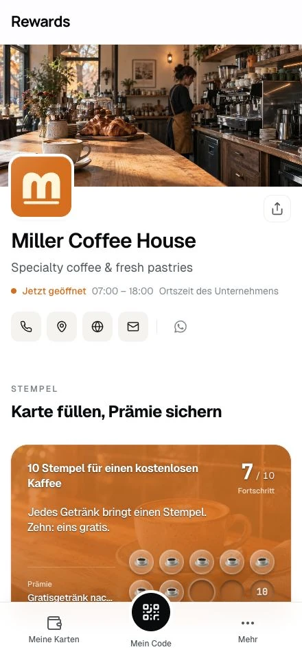 Die öffentliche Seite von Miller Coffee House: Kaffee-Titelbild, Marke, Öffnungszeiten und Stempelkarte