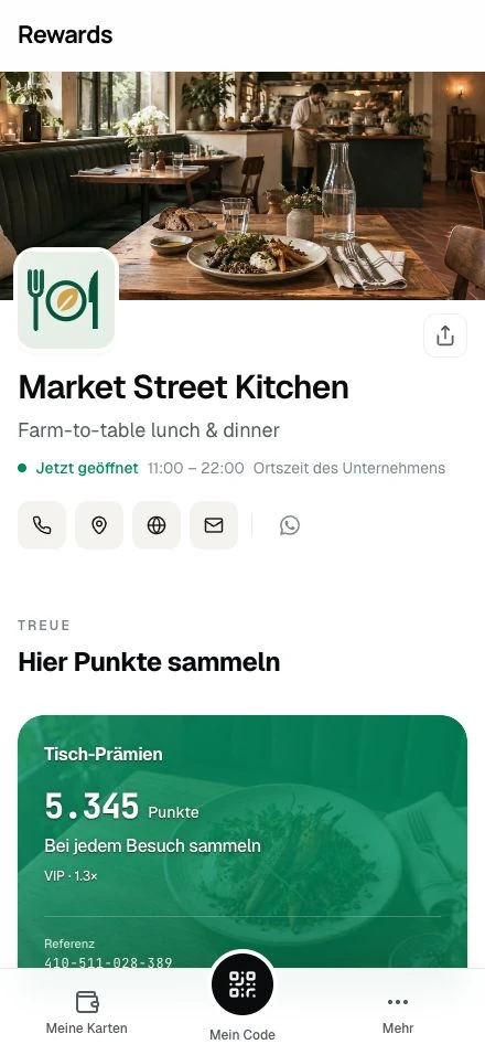 Die öffentliche Seite von Market Street Kitchen: Titelbild, Marke, Öffnungszeiten und Punktekarte