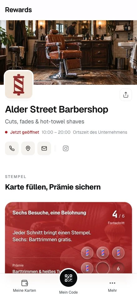 Alder Street Barbershop · Die Seite eines Demo-Unternehmens auf einem Smartphone.