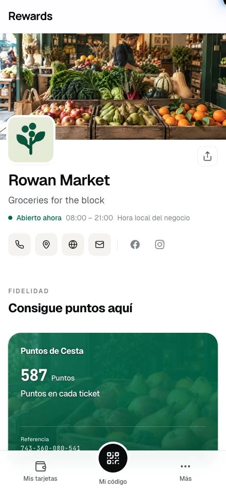 Rowan Market · La página de un negocio de demostración en un teléfono.