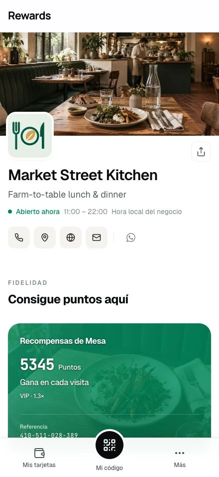 La página pública de Market Street Kitchen: portada, marca, horario y su tarjeta de puntos