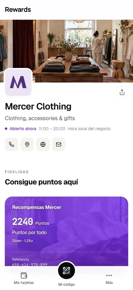 Mercer Clothing · La página de un negocio de demostración en un teléfono.