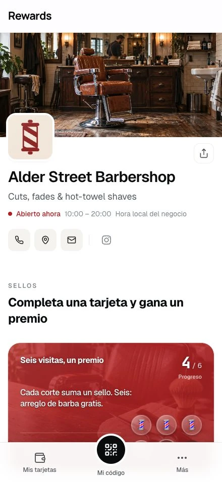 Alder Street Barbershop · La página de un negocio de demostración en un teléfono.
