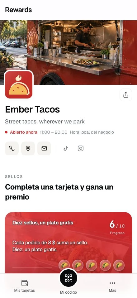 La página de un negocio de demostración en un teléfono.