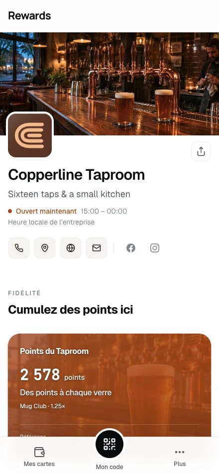 Copperline Taproom · La page d'une entreprise de démonstration sur téléphone.