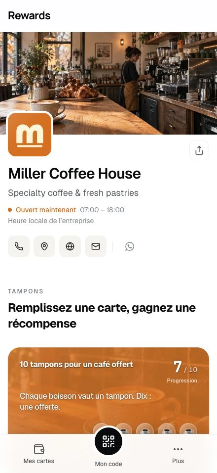 La page publique de Miller Coffee House : couverture café, marque, horaires et sa carte à tampons